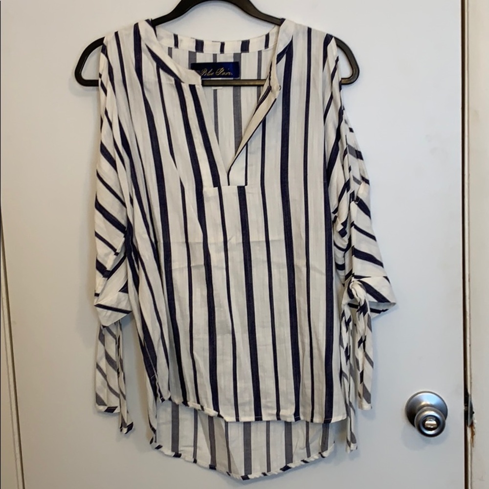 Blue Rain Navy and white striped linen top